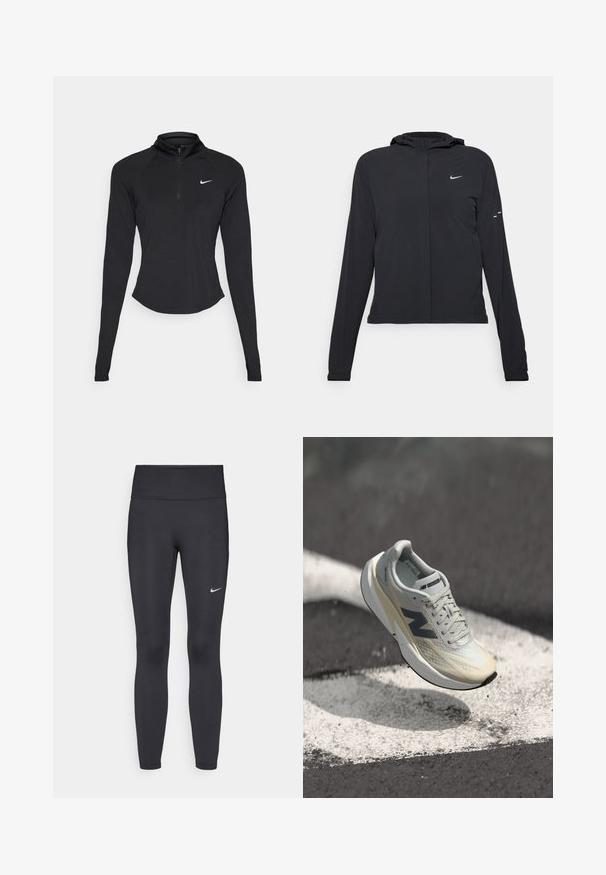 Black hooded jacket with long sleeves, made from lightweight material. Features a front zipper, a Nike logo, and subtle design accents.; Black athletic long-sleeve top with a high collar and quarter zipper. Features a fitted shape and a white Nike logo on the chest.; Black leggings made of stretchy fabric, featuring a high waistband and a white Nike logo on the left thigh. Smooth texture, form-fitting design.; New Balance running shoe featuring a light grey mesh upper, cream midsole, dark grey accents, and a sleek, aerodynamic design.