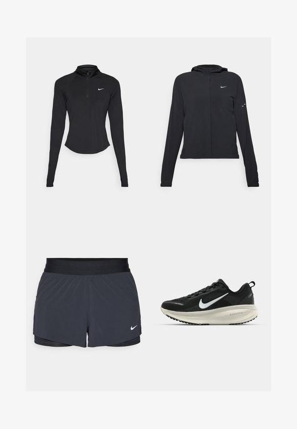 Must musta kapuutsiga jakk, millel on pikad varrukad ja mis on valmistatud kergetest materjalidest. Omab esitaskut, Nike logo ja kergelt silmatorkavaid disainiaktsente.; Must sõna aluspadjaga must spordijakk, millel on kõrge kaelus ja veerand tõmblukk. Omab erksat lõiget ning rinnal on valge Nike logo.; Mustad must sportlikud lühikesed püksid, millel on elastne vöökoht, kihiline disain ja väike valge Nike logo vasakul all. Kerge materjal.; Musthave mustus Nike jooksujalats, millel on hingav võrgust ülemine osa, valge swoosh logo, tekstuuriga detailid ja kreemja värvusega ZoomX vahevöö.