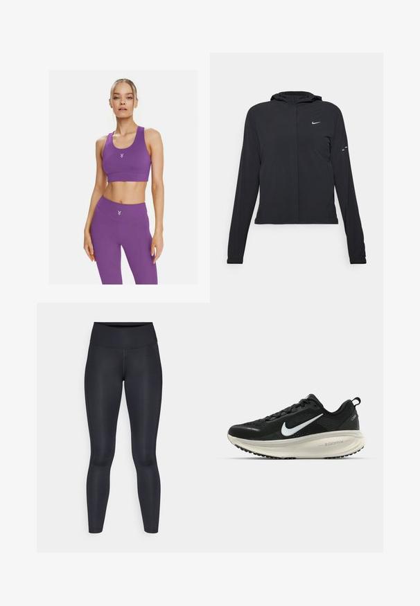 Čierna kapucňová bunda s dlhou rukávou, vyrobená z ľahkého materiálu. Má predný zips, logo Nike a jemné dizajnové akcenty.; Fialová športová podprsenka a vysoké legíny vyrobené z elastického materiálu, s malým logom na hrudi a bezšvovým dizajnom pre pohodlie.; Čierne legíny vyrobené z hladkej, elastickej tkaniny. Vysoký pás bez viditeľných vzorov alebo akcentov. Úzke od pásu po členky.; Čierne bežecké topánky Nike s priedušnou sieťovinou, bielym logom s symbolom swoosh, textúrovanými detailmi a krémovou ZoomX medzipodrážkou.