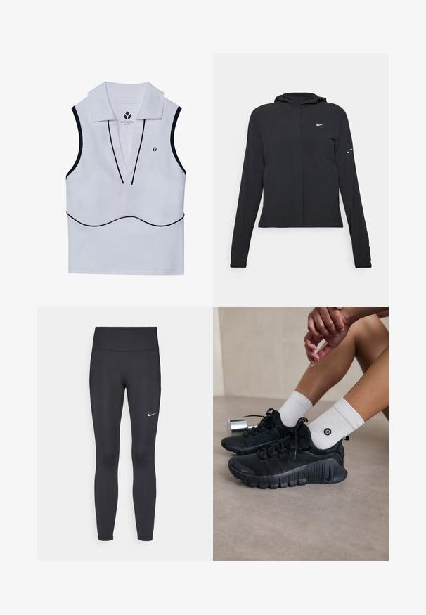 Schwarze Kapuzenjacke mit langen Ärmeln, aus leichtem Material gefertigt. Sie hat einen vorderen Reißverschluss, ein Nike-Logo und dezente Designelemente.; Weißes ärmelloses Sportoberteil mit einem Kragen-Ausschnitt, tiefem V-Ausschnitt, schwarzer Einfassung und einem kleinen Logo in der oberen linken Ecke.; Schwarze Leggings aus elastischem Stoff, mit einem hohen Bund und einem weißen Nike-Logo auf dem linken Oberschenkel. Glatte Textur, figurbetontes Design.; Schwarze Sportschuhe aus strukturiertem Stoff, mit Schnürdesign und auffälliger Sohle, kombiniert mit weißen gerippten Socken, die ein kleines Logo tragen.