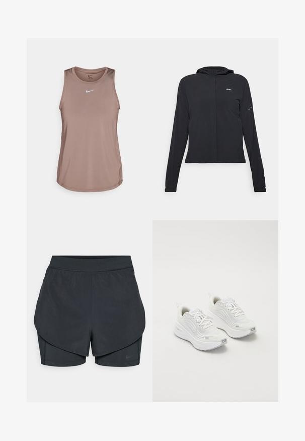 Sort hættetrøje med lange ærmer, lavet af letvægtsmateriale. Har en frontlynlås, et Nike-logo og subtile designaccenter.; Nike ærmeløs tanktop i lys brun, lavet af glat, letvægtsstof. Har et hvidt logo på brystet og en buet kant.; Sorte atletiske shorts med et lagdelt design, der har et glat yderlag og tætsiddende indershorts. Lavet af letvægts, strækbart stof.; Hvide sportssko med en struktureret mesh-overdel, polstret sål og subtile grå accenter. Inkluderer branding og en løkke i hælen for nem påtagning.