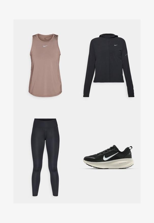 Casaco preto com capuz e mangas longas, feito de material leve. Apresenta um fecho dourado na frente, um logótipo da Nike e detalhes de design subtis.; Camisola sem mangas da Nike em castanho claro, feita de tecido liso e leve. Apresenta um logótipo branco no peito e uma bainha curva.; Leggings pretas feitos de um tecido liso e elástico. Cintura alta sem padrões ou detalhes visíveis. Ajustam-se de forma justa da cintura até os tornozelos.; Sapatilha de corrida Nike preta com parte superior de malha respirável, logotipo Swoosh branco, detalhes texturizados e uma entressola ZoomX na cor creme.