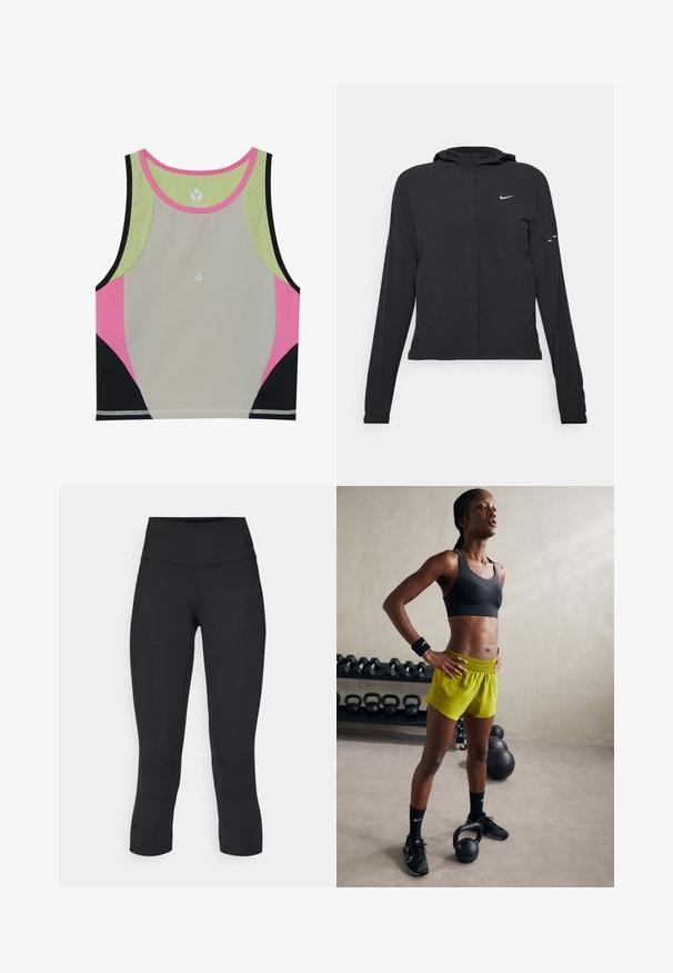 Veste à capuche noire avec des manches longues, fabriquée en matériau léger. Elle comporte une fermeture éclair à l'avant, un logo Nike et des accents de design subtils.; Crop top de sport coloré avec un corps gris clair, des accents roses, noirs et verts, et un col rond avec des détails perforés.; Leggings noirs coupés en tissu extensible, avec une taille haute et une texture lisse, sans motifs ni éléments visibles.; Soutien-gorge de sport noir, shorts jaunes éclatants avec une ceinture élastique, chaussures de sport noires et bandeaux, se tenant à côté de kettlebells.