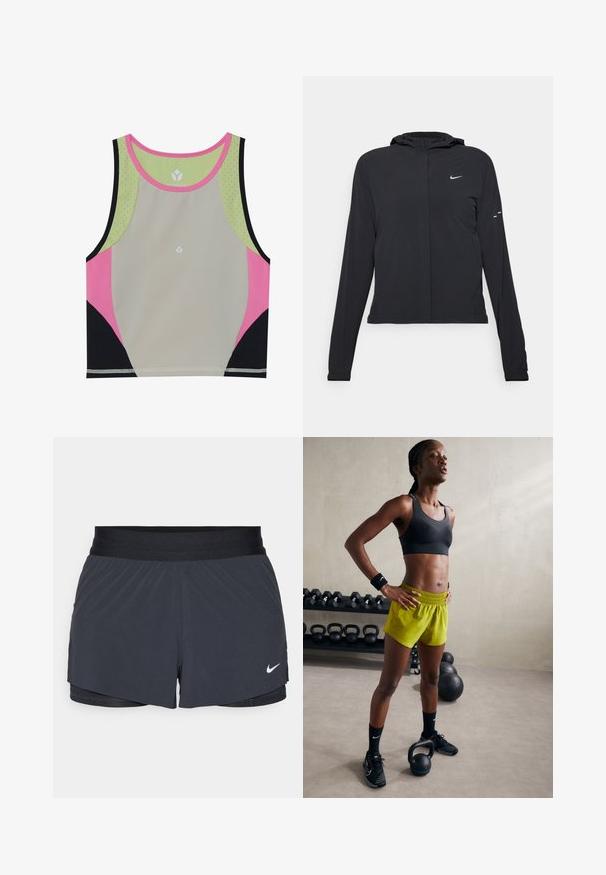 Svart huva jacka med långa ärmar, gjord av lätt material. Har en framdragare, en Nike-logotyp och subtila designelement.; Färgglad sportcrop top med en ljusgrå kropp, rosa, svart och gröna accenter samt rund halsringning med perforerade detaljer.; Svarta idrottsshorts med elastisk midja, med en lagerdesign och en liten vit Nike-logga på nedre vänstra sidan. Lättviktig material.; Svart sportbh, ljusgula shorts med resårmidja, svarta träningsskor och handledsband, stående bredvid kettlebells.