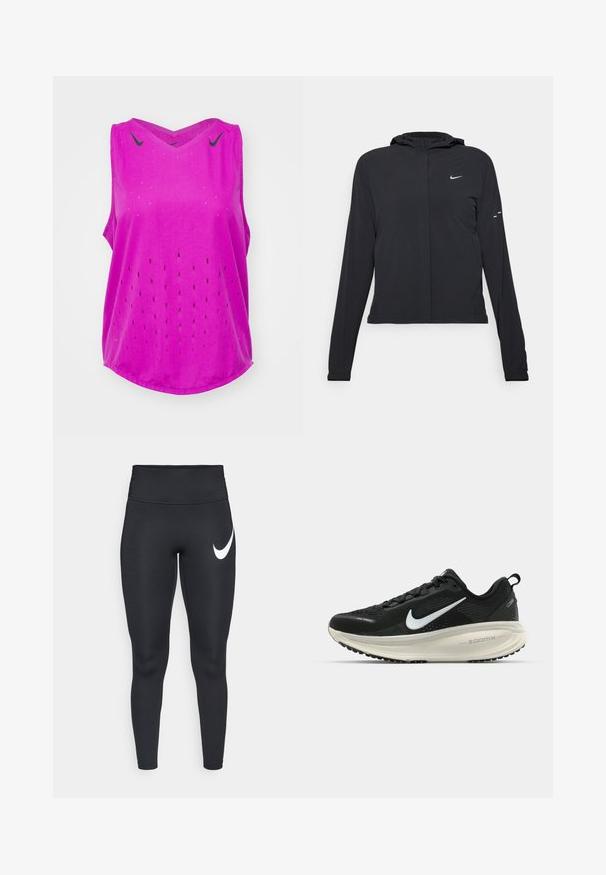Czarna kurtka z kapturem, z długimi rękawami, wykonana z lekkiego materiału. Posiada zamek błyskawiczny z przodu, logo Nike oraz subtelne akcenty wzornicze.; Nike Performance  AEROSWIFT DRI-FIT ADV  fioletowy; Czarne sportowe legginsy o wysokim stanie z białym logo Nike w kształcie suwka na górnej lewej udzie, na białym tle.; Czarna biegowa półbut z oddychającej siateczki, białym logo swoosh, teksturowanymi detalami oraz kremową podeszwą środkową ZoomX.