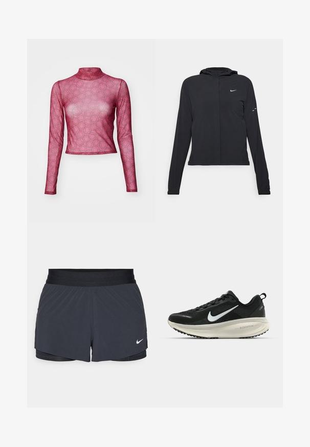 Černá kapucňová bunda s dlouhými rukávy, vyrobená z lehkého materiálu. Obsahuje přední zip, logo Nike a decentní designové akcenty.; Dlouhý rukáv, přiléhavý top z průsvitné růžové síťoviny s opakujícím se vzorem usmívající se tváře. Design s vysokým krkem a hladkou, lehkou texturou.; Černé sportovní kraťasy s elastickým pasem, které mají vrstvený design a malé bílé logo Nike na dolním levém rohu. Lehce materiál.; Černá běžecká obuv Nike s prodyšným síťovaným svrškem, bílým logem swoosh, texturovanými detaily a krémovou mezipodešví ZoomX.