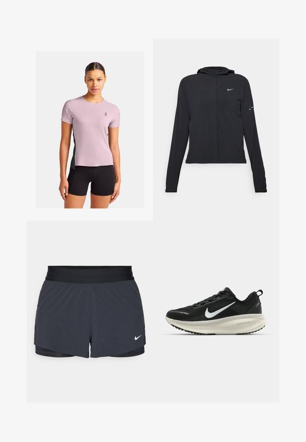 Black hooded jacket with long sleeves, made from lightweight material. Features a front zipper, a Nike logo, and subtle design accents.; On PERFORMANCE - Sports T-shirt - mauve   lead; Black athletic shorts with an elastic waistband, featuring a layered design and a small white Nike logo on the lower left. Lightweight material.; Black Nike running shoe with breathable mesh upper, white swoosh logo, textured detailing, and a cream-colored ZoomX midsole.