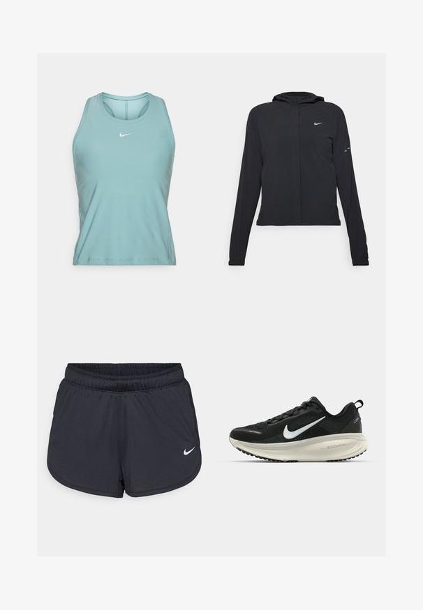 Must musta kapuutsiga jakk, millel on pikad varrukad ja mis on valmistatud kergetest materjalidest. Omab esitaskut, Nike logo ja kergelt silmatorkavaid disainiaktsente.; Heled teali sportlik maik ümmarguse kaelusega. Omab väikest valget logo rinna kohal ja külgõmblused, et tagada voolujooneline istuvus.; Mustad mustikud mustad lühikesed püksid, mis on valmistatud kerge ja hingava kangaga. Omab elastset vööd ja valget Nike logo alumises paremas nurgas.; Musthave mustus Nike jooksujalats, millel on hingav võrgust ülemine osa, valge swoosh logo, tekstuuriga detailid ja kreemja värvusega ZoomX vahevöö.