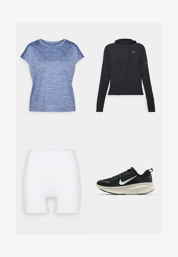Melnā kapuci jaka ar garām piedurknēm, izgatavota no viegla materiāla. Tam ir priekšējais rāvējslēdzis, Nike logo un smalki dizaina akcenti.; ONLY Play ONPAUB-CORE LIFE ON SS LOOSE BAT TEE - Sporta krekli - vintage indigo; Baltā krāsā augsto jostasvietu šorti, izgatavoti no elastīga auduma. Raksturīga gluda virsma un pieguļoša piegriezuma forma, bez papildu rakstiem vai detaļām.; Melnas Nike skriešanas kurpes ar elpojošu acs augšdaļu, baltu Swoosh logotipu, strukturētu apdari un krēmkrāsas ZoomX starpsole.