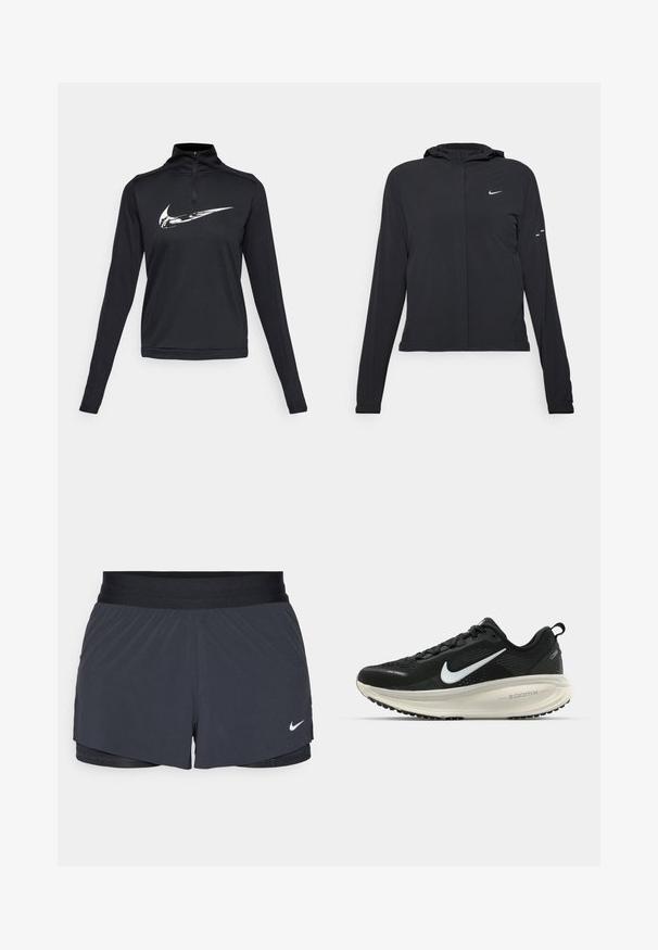 Black hooded jacket with long sleeves, made from lightweight material. Features a front zipper, a Nike logo, and subtle design accents.; Black long-sleeve athletic top featuring a quarter-zip neckline and a prominent white Nike swoosh logo on the chest. Smooth texture.; Black athletic shorts with an elastic waistband, featuring a layered design and a small white Nike logo on the lower left. Lightweight material.; Black Nike running shoe with breathable mesh upper, white swoosh logo, textured detailing, and a cream-colored ZoomX midsole.
