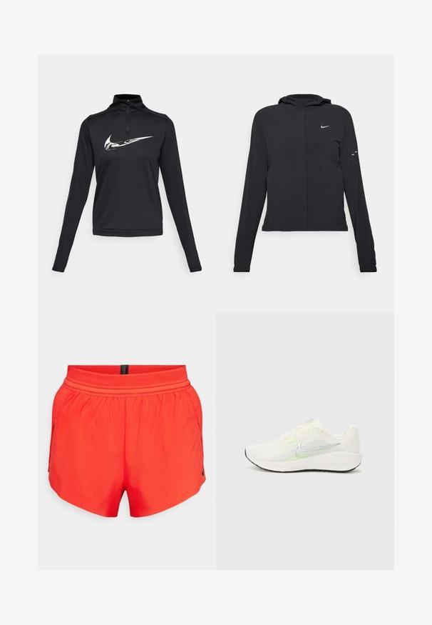 Casaco preto com capuz e mangas longas, feito de material leve. Apresenta um fecho dourado na frente, um logótipo da Nike e detalhes de design subtis.; Top atlético preto de mangas longas com gola de fecho de quarto e um proeminente logótipo da Nike em branco no peito. Textura suave.; Calções atléticos vermelhos feitos de tecido leve com uma cintura elástica, apresentando bolsos laterais e um pequeno logótipo preto na bainha.; Nike Performance DOWNSHIFTER 13 - Sapatos para corrida em estrada - sail/silver-coloured photon dust/summit white/barely volt/black