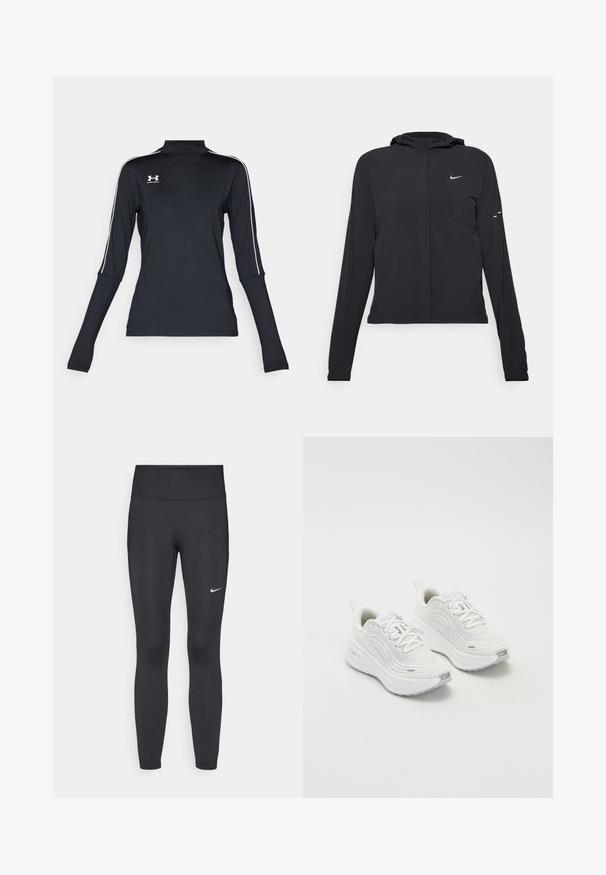 Črna kapuča s dolgimi rokavi, izdelana iz lahkega materiala. Ima sprednji zadrgo, logotip Nike in subtilne oblikovne detajle.; Črn dolgi športni top z visokim ovratnikom, ki ima bele stranske črte in majhen logotip na zgornjem levem prsnem delu. Mehek, raztegljiv material.; Črne legice iz elastične tkanine, z visokim pasom in belim Nike logo na levem stegnu. Gladka tekstura, oblikovno prilegajoč dizajn.; Bele športne čevlje z teksturirano mrežasto zgornjico, oblazinjeno podplatom in subtilnimi sivimi detajli. Vključujejo blagovno znamko in zanko na peti za enostavno obuvanje.