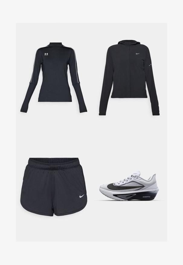 Crna jakna s kapuljačom i dugim rukavima, izrađena od laganog materijala. Ima prednji patentni zatvarač, Nike logo i suptilne dizajnerske detalje.; Crni drečavi sportski top dugih rukava s lažnim ovratnikom, s bijelim bočnim prugama i malim logotipom na gornjem lijevom dijelu prsnog koša. Mekana, rastezljiva tkanina.; Crne atletske kratke hlače napravljene od laganog, prozračnog materijala. Imaju elastičnu traku u struku i bijeli Nike logo na donjoj desnoj strani.; Bijela atletska cipela s mrežastim gornjim dijelom, koja ima crni zakrivljeni swoosh, potplat s ZoomX amortizacijom i teksturiran dizajn za prozračnost.