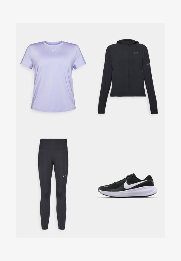 Casaco preto com capuz e mangas longas, feito de material leve. Apresenta um fecho dourado na frente, um logótipo da Nike e detalhes de design subtis.; Camiseta atlética de mangas curtas roxa, feita de um tecido liso e respirável. Apresenta um decote redondo e um pequeno logótipo branco no peito.; Leggings pretos feitos de tecido elástico, com uma cintura alta e um logo branco da Nike na coxa esquerda. Textura suave, design ajustado ao corpo.; Sapatilha desportiva preta com parte superior em malha texturizada, logótipo swoosh branco, colarinho almofadado e uma entressola branca espessa e acolchoada. Sola de borracha.
