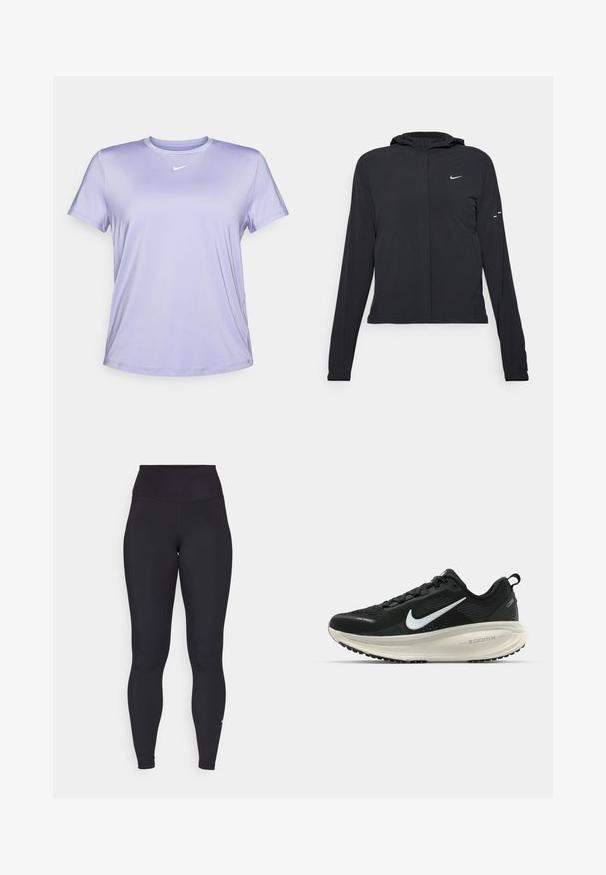 Chaqueta negra con capucha y mangas largas, hecha de un material ligero. Presenta un cierre frontal, un logo de Nike y acentos de diseño sutiles.; Camiseta atlética corta de manga en color púrpura, confeccionada en un tejido suave y transpirable. Presenta un escote redondo y un pequeño logo blanco en el pecho.; Leggings negros de cintura alta hechos de una tela elástica y suave. Presentan un diseño ajustado con un logo en el tobillo.; Zapatilla de running Nike negra con parte superior de malla transpirable, logo Swoosh blanco, detalles texturizados y una entresuela ZoomX de color crema.