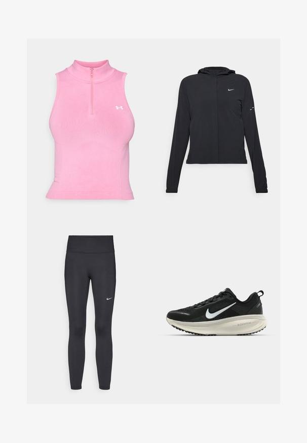 Sort hættetrøje med lange ærmer, lavet af letvægtsmateriale. Har en frontlynlås, et Nike-logo og subtile designaccenter.; Lyserød ærmeløs træningstop med høj halskrave og lynlåslukning. Lavet af strækbart stof, med et tætsiddende design og logo i hvid.; Sorte leggings lavet af strækbart stof, med en høj talje og et hvidt Nike-logo på venstre lår. Glat tekstur, tætsiddende design.; Sort Nike løbesko med åndbart mesh-overdel, hvidt swoosh-logo, tekstureret detaljering og en cremede ZoomX mellemsål.