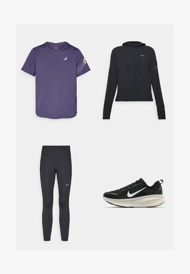 Mustassa hupparissa on pitkät hihat, ja se on valmistettu kevyestä materiaalista. Siinä on edessä vetoketju, Nike-logo ja hillityt muotoiluyksityiskohdat.; Violetti urheilupaita, jossa on lyhyet hiat, teksturoitu kangas, pyöreä kaula-aukko ja logo rinnassa. Hihassa on pallokuosi.; Mustat leggingsit joustavasta kankaasta, joissa on korkea vyötärö ja valkoinen Nike-logo vasemmassa reidessä. Sileä pinta, muotoaan myötäilevä suunnittelu.; Mustat Nike-juoksukengät, joissa on hengittävä verkko-osa, valkoinen swoosh-logo, teksturoitu yksityiskohtaus ja kermaisen värinen ZoomX-välipohja.