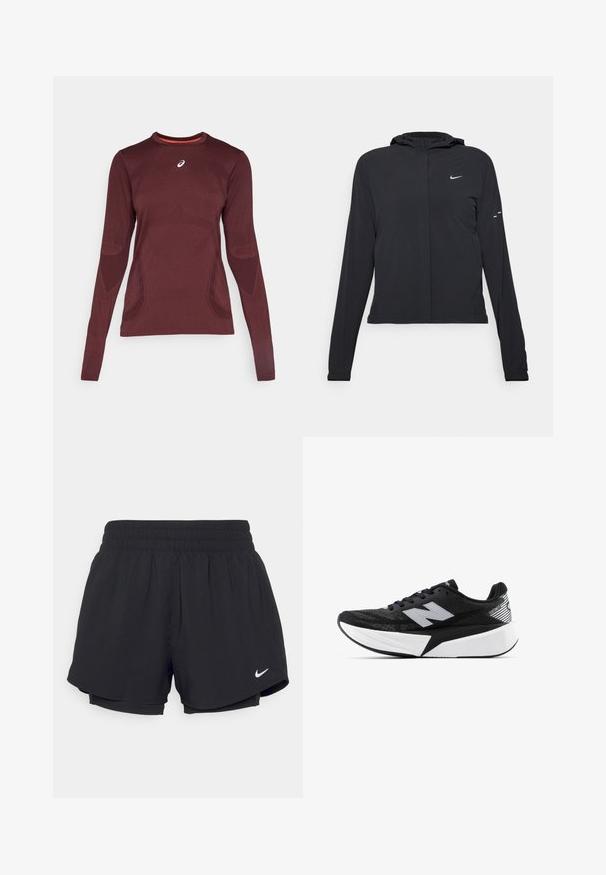 Crna jakna s kapuljačom i dugim rukavima, izrađena od laganog materijala. Ima prednji patentni zatvarač, Nike logo i suptilne dizajnerske detalje.; Dugih rukava atletska majica u burgundiju s okruglim izrezom i teksturiranim uzorkom. Ima kontrastnu narančastu unutrašnjost i logo na prsima.; Crne sportske kratke hlače s naboranom elastičnom trakom u struku, podstavljene, s bijelim Nike logom na donjoj lijevoj strani. Glatka, lagana tkanina.; Crno-bijela New Balance trkačka cipela s debelim potplatom, mrežastim gornjim dijelom i "N" logotipom sa strane, prikazana s vanjske strane.