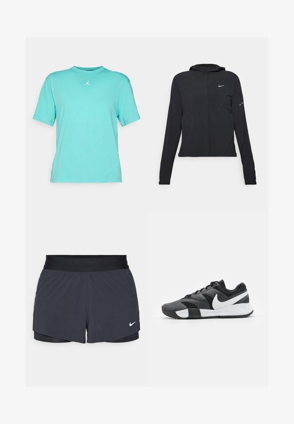 Melnā kapuci jaka ar garām piedurknēm, izgatavota no viegla materiāla. Tam ir priekšējais rāvējslēdzis, Nike logo un smalki dizaina akcenti.; Tirkīza krāsas īsām piedurknēm kreklis, izgatavots no viegla auduma ar apaļu kakla izgriezumu un baltu Jumpman logotipu uz krūtīm. Izkārtojums ir brīvs.; Melnas sporta šortus ar elastīgu jostu, ar slāņotu dizainu un mazu balto Nike logo apakšējā kreisajā stūrī. Viegls materiāls.; Melns un pelēks sporta apavi ar teksturētu virsu, baltiem zīmoliem, šņorēm un gumijas zoli ar saķeres rakstiem.