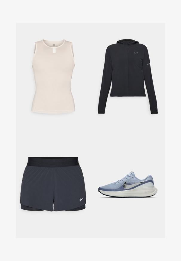 Čierna kapucňová bunda s dlhou rukávou, vyrobená z ľahkého materiálu. Má predný zips, logo Nike a jemné dizajnové akcenty.; Bezrú sleeveless top v svetlosandovej farbe, s textúrovaným designom z mäkkej sieťoviny, okrúhlym výstrihom a malou bielou nálepkou na strednej časti chrbta.; Čierne športové šortky s elastickým pásom, ktoré majú vrstvený dizajn a malú bielu aplikáciu loga Nike v dolnom ľavom rohu. Ľahký materiál.; Svetlomodré a biele bežecké topánky Nike so strieborným Swooshom, priedušný sieťovaný zvršok, odpružená podrážka a čierny vzor na vonkajšej podrážke.