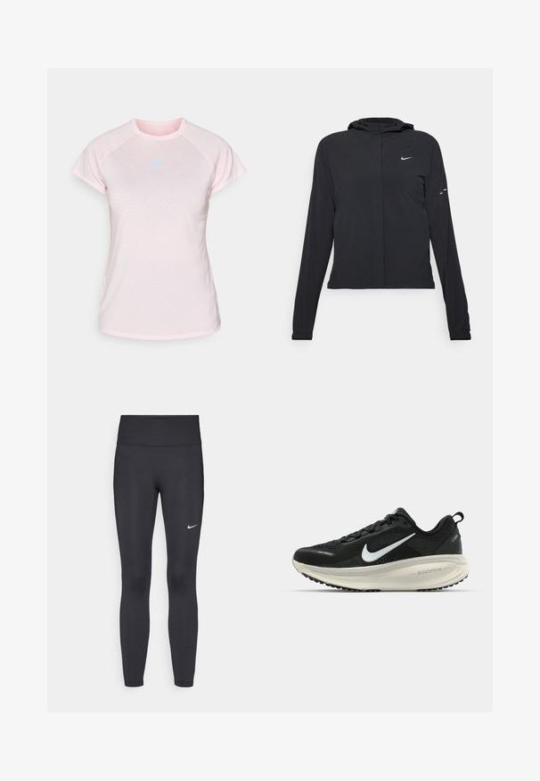Mustassa hupparissa on pitkät hihat, ja se on valmistettu kevyestä materiaalista. Siinä on edessä vetoketju, Nike-logo ja hillityt muotoiluyksityiskohdat.; Vaaleanpunainen lyhythihainen urheilupaita, jossa on hienovarainen kuvio, pyöreä kaula-aukko ja pieni sininen logo rinnassa, valmistettu kosteutta siirtävästä kankaasta.; Mustat leggingsit joustavasta kankaasta, joissa on korkea vyötärö ja valkoinen Nike-logo vasemmassa reidessä. Sileä pinta, muotoaan myötäilevä suunnittelu.; Mustat Nike-juoksukengät, joissa on hengittävä verkko-osa, valkoinen swoosh-logo, teksturoitu yksityiskohtaus ja kermaisen värinen ZoomX-välipohja.