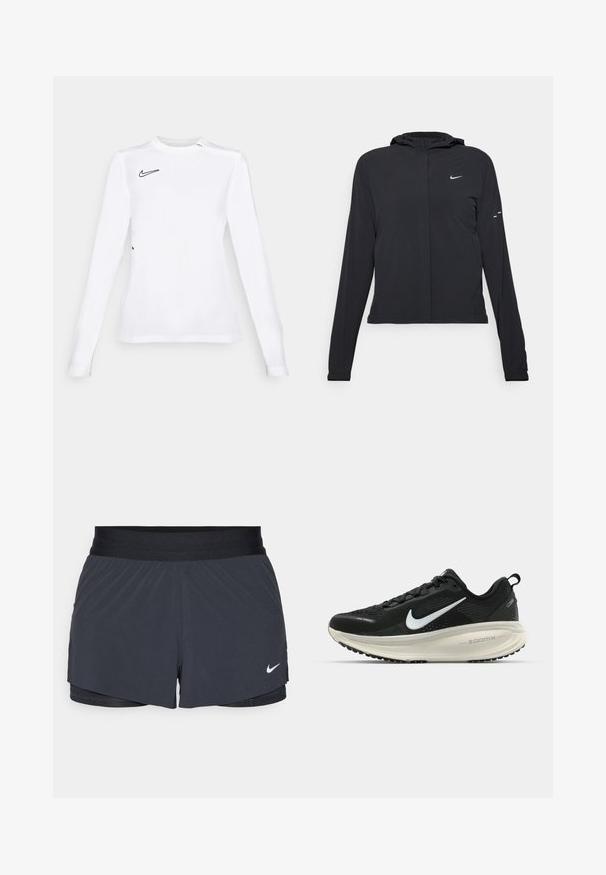 Jachetă neagră cu glugă, cu mâneci lungi, fabricată din material ușor. Dispune de un fermoar frontal, un logo Nike și accente de design subtile.; Cămașă sport cu mâneci lungi, albă, dintr-un material respirabil, având un logo Nike de culoare neagră în partea stângă sus. Textură fină, design ajustat.; Shorts atletici negri, cu un elastic la talie, având un design stratificat și un mic logo alb Nike în partea stângă jos. Material ușor.; Pantofii de alergare negri de la Nike, cu parte superioară din plasă respirabilă, logo-ul alb Swoosh, detalii texturate și o talpă intermediară ZoomX de culoare crem.
