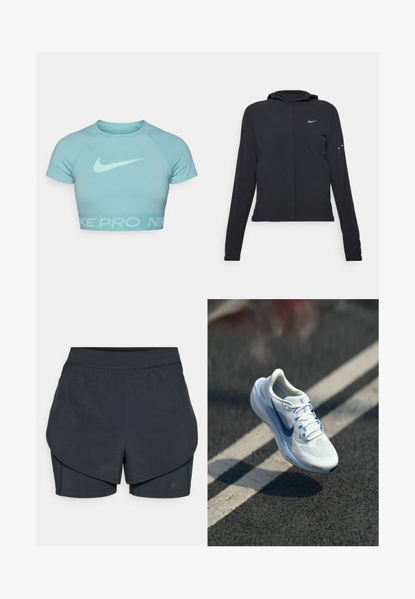 Black hooded jacket with long sleeves, made from lightweight material. Features a front zipper, a Nike logo, and subtle design accents.; Light blue cropped sports top made of smooth fabric, featuring a round neckline, short sleeves, and a tonal Nike logo on the front.; Black athletic shorts with a layered design, featuring a smooth outer layer and fitted inner shorts. Made of lightweight, stretch fabric.; White athletic shoe with breathable mesh upper and blue accents. Features a cushioned sole and flat laces. Midsole displays "Air Zoom" branding.
