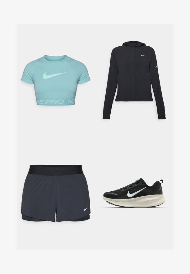 Mustassa hupparissa on pitkät hihat, ja se on valmistettu kevyestä materiaalista. Siinä on edessä vetoketju, Nike-logo ja hillityt muotoiluyksityiskohdat.; Vaaleansininen lyhyt urheilu-toppi, joka on valmistettu sileästä kankaasta. Mallissa on pyöreä pääntie, lyhyet hihat ja yksivärinen Nike-logo edessä.; Mustat urheilushortsit, joissa on joustava vyötärö. Shortseissa on kerroksellinen muotoilu ja pieni valkoinen Nike-logo vasemmassa alareunassa. Kevyt materiaali.; Mustat Nike-juoksukengät, joissa on hengittävä verkko-osa, valkoinen swoosh-logo, teksturoitu yksityiskohtaus ja kermaisen värinen ZoomX-välipohja.