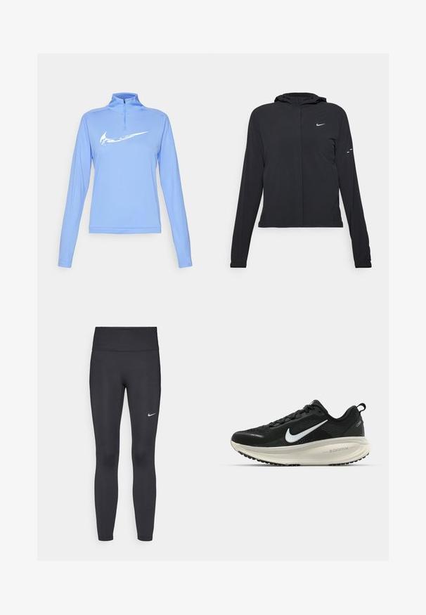 Černá kapucňová bunda s dlouhými rukávy, vyrobená z lehkého materiálu. Obsahuje přední zip, logo Nike a decentní designové akcenty.; Nike Performance Top s dlouhým rukávem - royal pulse/vintage green; Černé legíny vyrobené z elastického materiálu, s vysokým pasem a bílým logem Nike na levém stehně. Hladká textura, přiléhavý střih.; Černá běžecká obuv Nike s prodyšným síťovaným svrškem, bílým logem swoosh, texturovanými detaily a krémovou mezipodešví ZoomX.
