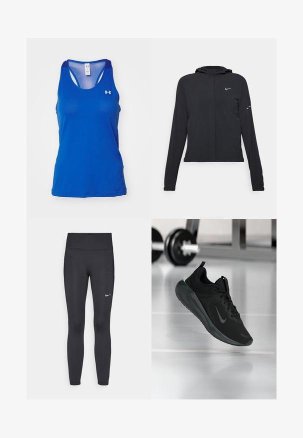 Zwarte kaptrui met lange mouwen, gemaakt van lichtgewicht materiaal. Voorzien van een ritssluiting aan de voorkant, een Nike-logo en subtiele ontwerpelementen.; Under Armour TECH RACER - Top - tech blue/white; Zwarte legging van rekbare stof met een hoge tailleband en een wit Nike-logo op de linkerdij. Gladde textuur, aansluitend ontwerp.; Zwarte sportsneaker met Nike-logo, weergegeven in de lucht boven de gymvloer, met een vervaagde halterrek op de achtergrond.
