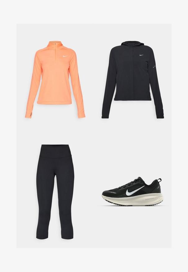 Fekete kapucnis dzseki hosszú ujjakkal, könnyű anyagból készült. Elülső cipzárral, Nike logóval és diszkrét dizájn elemekkel rendelkezik.; Nike Performance DRI-FIT PACER - Hosszú ujjú felső - wild mango/reflective silver; Fekete, rövidített leggings elasztikus anyagból, magas derékkal és sima textúrával, látható minták vagy fémalkatrészek nélkül.; Fekete Nike futócipő légáteresztő hálós felsőrésszel, fehér Swoosh logóval, textúrázott részletekkel és krém színű ZoomX középtalppal.