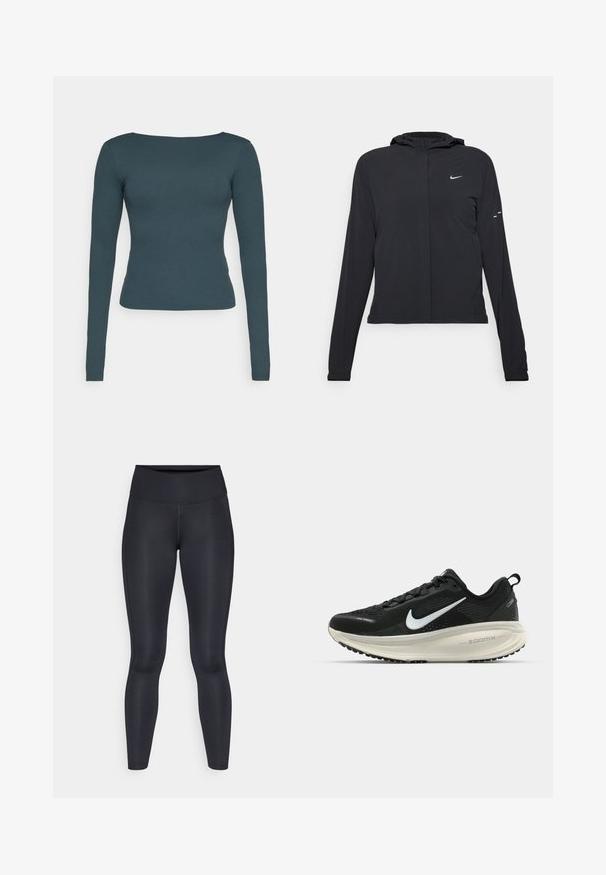 Black hooded jacket with long sleeves, made from lightweight material. Features a front zipper, a Nike logo, and subtle design accents.; Long-sleeve top in dark teal, featuring a rounded neckline, slim fit, and soft, stretchy fabric. No patterns or embellishments visible.; Black leggings made of smooth, stretchy fabric. High waist with no visible patterns or accents. Fit closely from waist to ankles.; Black Nike running shoe with breathable mesh upper, white swoosh logo, textured detailing, and a cream-colored ZoomX midsole.