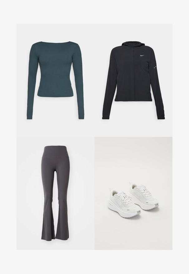 Juodas gobtuvas striukė su ilgomis rankovėmis, pagaminta iš lengvo audinio. Pasižymi priekiniais užtrauktukais, Nike logotipu ir subtiliais dizaino akcentais.; Tamsiai žalių ilgarankovių marškinėlių, su apvaliu kaklu, lieknu siluetu ir minkšta, tampri medžiaga. Be raštų ar puošybos akcentų.; Pilki platūs jogos kelnės, pagamintos iš tamprių medžiagų. Aukštas juosmuo ir lygus paviršius, su prigludusiu dizainu iki varpelio tipo apačios.; Baltieji sportiniai batai su tekstūruota tinklelio viršutine dalimi, paminkštintu padu ir subtiliais pilkais akcentais. Yra prekės ženklas ir kilpa kulne, skirta lengvam užsidėjimui.