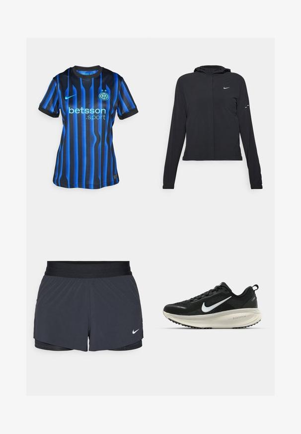 Veste à capuche noire avec des manches longues, fabriquée en matériau léger. Elle comporte une fermeture éclair à l'avant, un logo Nike et des accents de design subtils.; Maillot de football à rayures noires et bleues avec un col rond. Présente le logo "betsson.sport" en bleu clair et un emblème d'équipe rond sur la poitrine.; Shorts de sport noirs avec une taille élastique, dotés d'un design superposé et d'un petit logo Nike blanc en bas à gauche. Matière légère.; Baskets de course noir Nike avec tige respirante en mesh, logo swoosh blanc, détails texturés et semelle intermédiaire ZoomX de couleur crème.