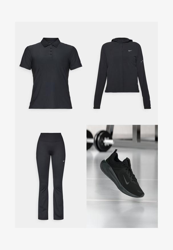 Čierna kapucňová bunda s dlhou rukávou, vyrobená z ľahkého materiálu. Má predný zips, logo Nike a jemné dizajnové akcenty.; Čierne polo tričko z hladkej tkaniny, s klasickým golierikom, zapínaním na päť gombíkov a krátkymi rukávmi s malým logom na rukáve.; Čierne atletické legíny s vysokým pásom, vyrobené z hladkej, elastickej látky. Na ľavom stehne je malý biely logo Nike.; Čierne športové tenisky s logom Nike, zobrazené vo vzduchu na podlahe telocvične, s rozmazaným regálom činkami v pozadí.