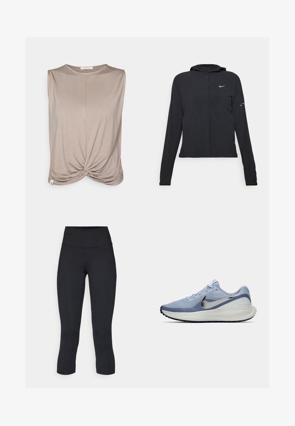Must musta kapuutsiga jakk, millel on pikad varrukad ja mis on valmistatud kergetest materjalidest. Omab esitaskut, Nike logo ja kergelt silmatorkavaid disainiaktsente.; Yogasearcher TWISTED - Topp - cacao; Mustad mustad õhukesed leggingud, mis on valmistatud venivast kangast, kõrge vöökoha ja siledaga, ilma nähtavate mustrite või metalldetailideta.; Heledadsinine ja valge Nike jooksutoss, millel on hõbedane swoosh, hingav võrkmaterjal, pehmendatud tallad ja must välispind.