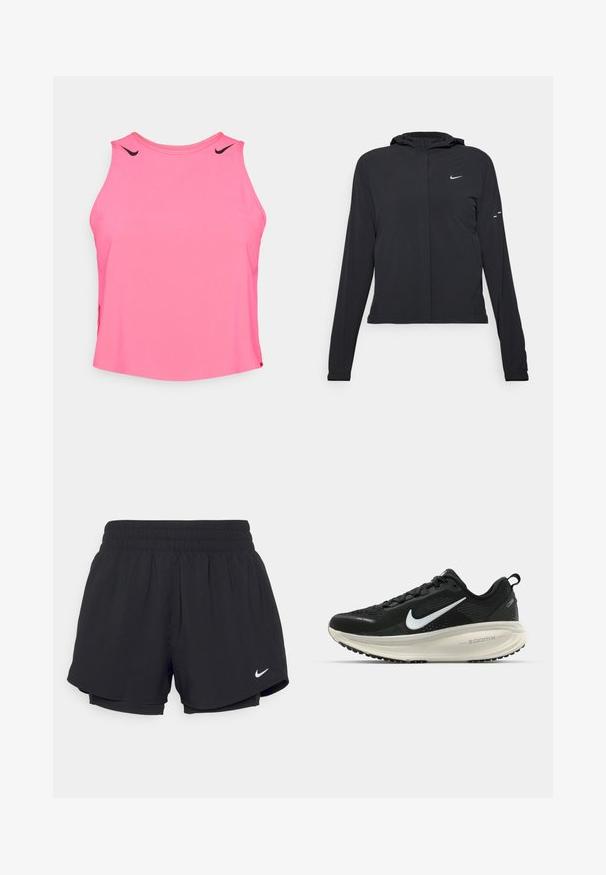 Sort hættetrøje med lange ærmer, lavet af letvægtsmateriale. Har en frontlynlås, et Nike-logo og subtile designaccenter.; Lyserød ærmeløs træningstop, blød stof, rund udskæring, med sorte Nike swoosh detaljer på skuldrene, afslappet pasform.; Sorte atletiske shorts med en samlet elastisk talje, indvendig foring og hvidt Nike-logo nederst til venstre. Glat, letvægtsstof.; Sort Nike løbesko med åndbart mesh-overdel, hvidt swoosh-logo, tekstureret detaljering og en cremede ZoomX mellemsål.