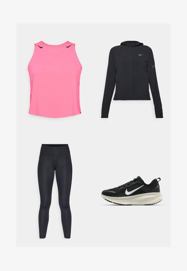 Sort hættetrøje med lange ærmer, lavet af letvægtsmateriale. Har en frontlynlås, et Nike-logo og subtile designaccenter.; Lyserød ærmeløs træningstop, blød stof, rund udskæring, med sorte Nike swoosh detaljer på skuldrene, afslappet pasform.; Sorte leggings lavet af glat, strækbart stof. Høj talje uden synlige mønstre eller accenter. Sidder tæt fra talje til ankler.; Sort Nike løbesko med åndbart mesh-overdel, hvidt swoosh-logo, tekstureret detaljering og en cremede ZoomX mellemsål.