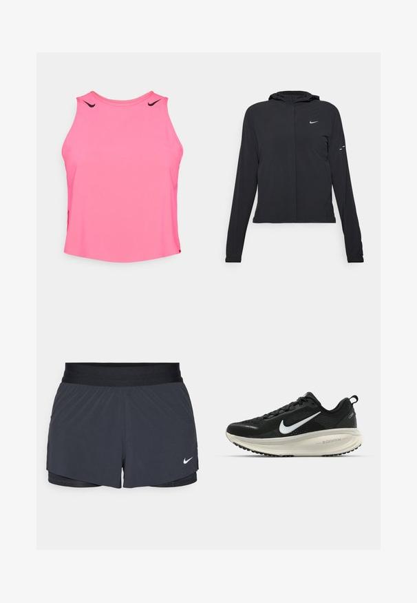 Must musta kapuutsiga jakk, millel on pikad varrukad ja mis on valmistatud kergetest materjalidest. Omab esitaskut, Nike logo ja kergelt silmatorkavaid disainiaktsente.; Roosa ilma varrukateta sporditop, pehme kangas, ümar kaelus, mustade Nike Swooshi aktsentidega õlgadel, lõdva istuvusega.; Mustad must sportlikud lühikesed püksid, millel on elastne vöökoht, kihiline disain ja väike valge Nike logo vasakul all. Kerge materjal.; Musthave mustus Nike jooksujalats, millel on hingav võrgust ülemine osa, valge swoosh logo, tekstuuriga detailid ja kreemja värvusega ZoomX vahevöö.
