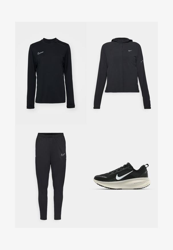 Sort hættetrøje med lange ærmer, lavet af letvægtsmateriale. Har en frontlynlås, et Nike-logo og subtile designaccenter.; Sort langærmet træningsshirt lavet af glat stof, med rund halsudskæring og et lille hvidt Nike-logo på den øverste venstre side.; Sorte atletiske bukser lavet af letvægtsstof, med elastisk talje, tætsiddende design og et hvidt Nike-logo på låret.; Sort Nike løbesko med åndbart mesh-overdel, hvidt swoosh-logo, tekstureret detaljering og en cremede ZoomX mellemsål.