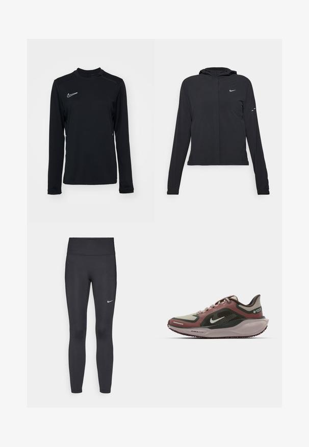 Črna kapuča s dolgimi rokavi, izdelana iz lahkega materiala. Ima sprednji zadrgo, logotip Nike in subtilne oblikovne detajle.; Črna majica s dolgimi rokavi za šport, izdelana iz gladkega materiala, z okroglim izrezom in majhnim belim logotipom Nike na zgornji levi strani.; Črne legice iz elastične tkanine, z visokim pasom in belim Nike logo na levem stegnu. Gladka tekstura, oblikovno prilegajoč dizajn.; Nike Performance AIR ZM PEGASUS 41 GTX - Tekaški copati za cesto - malt/barely green/sequoia/red sepia/burgundy crush/platinum violet