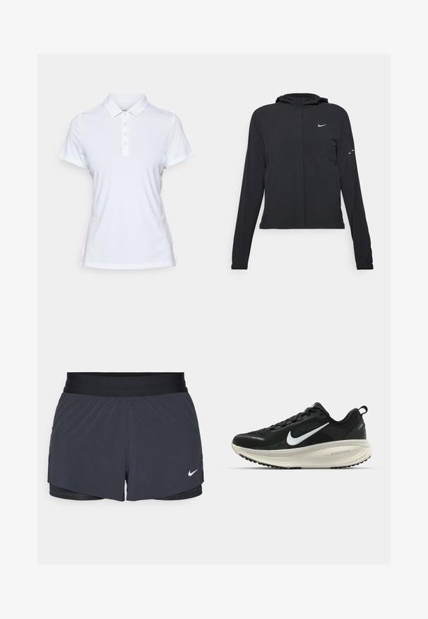 Svart hettegenser med lange ermer, laget av lett materiale. Har glidelås foran, Nike-logo og subtile design detaljer.; Hvit polo skjorte laget av glatt stoff, med klassisk krage, korte ermer og en knappestolpe med fem knapper.; Sorte treningshorts med elastisk midjebånd, med lagdelt design og liten hvit Nike-logo på nederste venstre side. Lett materiale.; Svart Nike løpesko med pustende mesh-overdel, hvit swoosh-logo, teksturert detaljer og en kremfarget ZoomX mellomsåle.