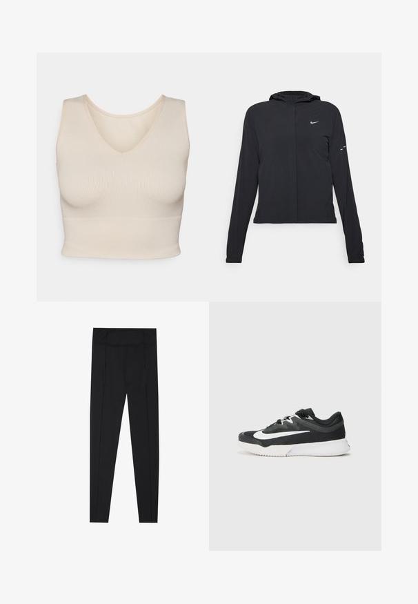 Čierna kapucňová bunda s dlhou rukávou, vyrobená z ľahkého materiálu. Má predný zips, logo Nike a jemné dizajnové akcenty.; Svetlo béžový rebrovaný top s výstrihom do V, priliehavým strihom, širokými ramienkami a bezšvým lemom, vyrobený z mäkkej, elastickej látky.; Čierne legíny s hladkou textúrou, vysokým pásom a prešívaním pozdĺž strán. Úzky strih, vhodné na rôzne aktivity.; Čierna atletická topánka s bielym logom, textúrovaný textilný zvršok, šnurovanie, vypchaný golier a kontrastná biela podrážka s vzorovanou trakciou.