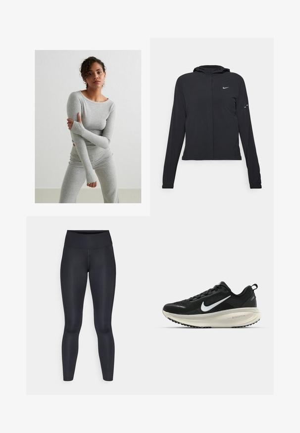 Čierna kapucňová bunda s dlhou rukávou, vyrobená z ľahkého materiálu. Má predný zips, logo Nike a jemné dizajnové akcenty.; Sivý top s dlhým rukávom a zodpovedajúcimi legínami vyrobený z rebrovej tkaniny, s otvormi na palce a okrúhlym výstrihom, na jednoduchom pozadí.; Čierne legíny vyrobené z hladkej, elastickej tkaniny. Vysoký pás bez viditeľných vzorov alebo akcentov. Úzke od pásu po členky.; Čierne bežecké topánky Nike s priedušnou sieťovinou, bielym logom s symbolom swoosh, textúrovanými detailmi a krémovou ZoomX medzipodrážkou.