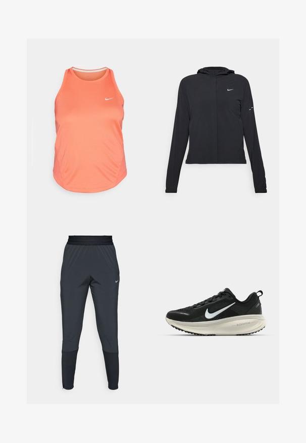 Črna kapuča s dolgimi rokavi, izdelana iz lahkega materiala. Ima sprednji zadrgo, logotip Nike in subtilne oblikovne detajle.; Nike top s tank topom v svetli koralni barvi, ki ima visok ovratnik, brezrokavni dizajn in subtilne detajle ob šivih. Logotip je natisnjen na prsih.; Nike športne hlače v temno sivi barvi, s taperiranim krojem, elastičnim pasom in dodatnimi detajli blizu manšet.; Črne Nike tekaške čevlje z zračno mrežno zgornjim delom, belim logotipom Swoosh, teksturiranimi detajli in smetanasto barvnim srednjim delom ZoomX.