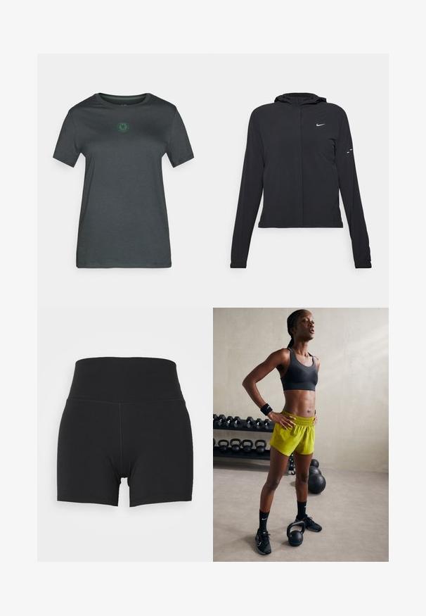 Juodas gobtuvas striukė su ilgomis rankovėmis, pagaminta iš lengvo audinio. Pasižymi priekiniais užtrauktukais, Nike logotipu ir subtiliais dizaino akcentais.; Tamsiai pilkas trumpomis rankovėmis marškinėliai, pagaminti iš minkštos medžiagos, su žaliu logotipo centru, apvaliu kaklu ir tiesiu apvadu.; Juodi sportiniai šortai su aukštu elastingu juosmeniu, pagaminti iš lygios, tamprios medžiagos. Turi prigludusį dizainą ir minimalius siuvimo akcentus.; Juodas sportinis liemenukas, ryškiai geltonos šortai su elastine juosta, juodi sportiniai batai ir riešo juostos, stovintys šalia kettlebell'ų.