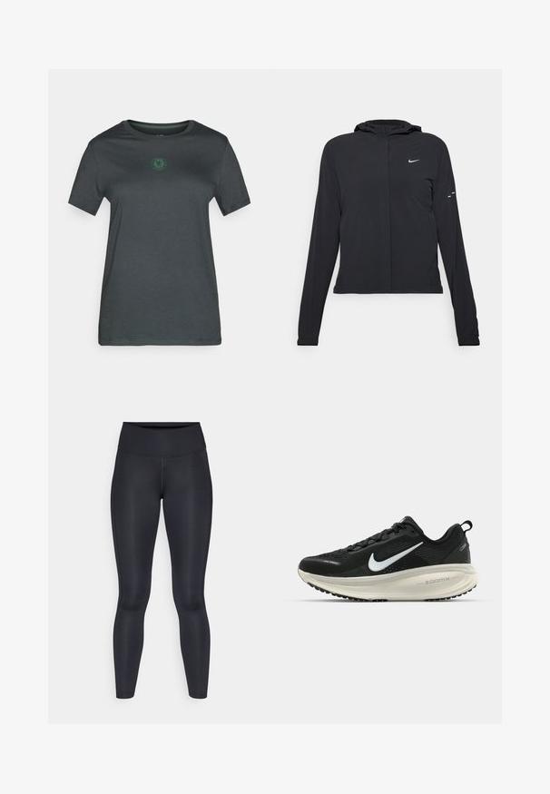 Jachetă neagră cu glugă, cu mâneci lungi, fabricată din material ușor. Dispune de un fermoar frontal, un logo Nike și accente de design subtile.; Tricou scurt, de culoare gri închis, dintr-un material moale, cu un logo verde în centru, guler tip crew și tiv drept.; Leggings negre dintr-un material neted și elastic. Talie înaltă fără modele sau accente vizibile. Se potrivesc strâns de la talie până la glezne.; Pantofii de alergare negri de la Nike, cu parte superioară din plasă respirabilă, logo-ul alb Swoosh, detalii texturate și o talpă intermediară ZoomX de culoare crem.