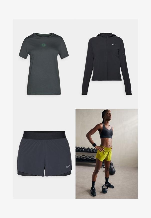 Black hooded jacket with long sleeves, made from lightweight material. Features a front zipper, a Nike logo, and subtle design accents.; Dark gray short-sleeve t-shirt made of soft fabric, featuring a green logo in the center, with a crew neckline and straight hem.; Black athletic shorts with an elastic waistband, featuring a layered design and a small white Nike logo on the lower left. Lightweight material.; Black sports bra, bright yellow shorts with an elastic waistband, black athletic shoes, and wristbands, standing beside kettlebells.