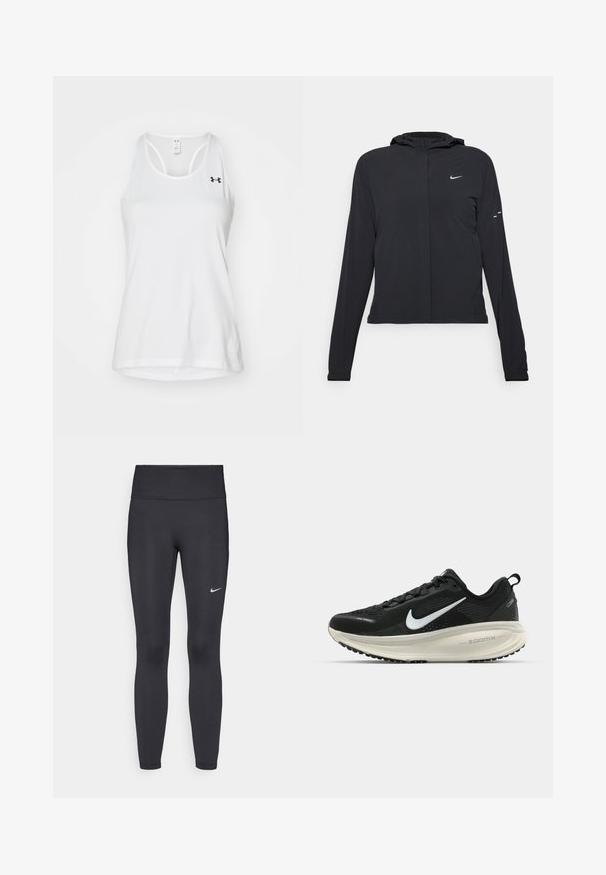 Casaco preto com capuz e mangas longas, feito de material leve. Apresenta um fecho dourado na frente, um logótipo da Nike e detalhes de design subtis.; Top desportivo branco feito de tecido de malha respirável. Apresenta um decote redondo e um design de costas à nadador. Inclui um pequeno logótipo preto no peito.; Leggings pretos feitos de tecido elástico, com uma cintura alta e um logo branco da Nike na coxa esquerda. Textura suave, design ajustado ao corpo.; Sapatilha de corrida Nike preta com parte superior de malha respirável, logotipo Swoosh branco, detalhes texturizados e uma entressola ZoomX na cor creme.