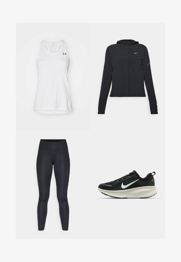 Čierna kapucňová bunda s dlhou rukávou, vyrobená z ľahkého materiálu. Má predný zips, logo Nike a jemné dizajnové akcenty.; Biele športové tielko vyrobené z priedušnej sieťoviny. Má okrúhly výstrih a strih s prekríženými ramienkami. Obsahuje malé čierne logo na hrudi.; Čierne legíny vyrobené z hladkej, elastickej tkaniny. Vysoký pás bez viditeľných vzorov alebo akcentov. Úzke od pásu po členky.; Čierne bežecké topánky Nike s priedušnou sieťovinou, bielym logom s symbolom swoosh, textúrovanými detailmi a krémovou ZoomX medzipodrážkou.